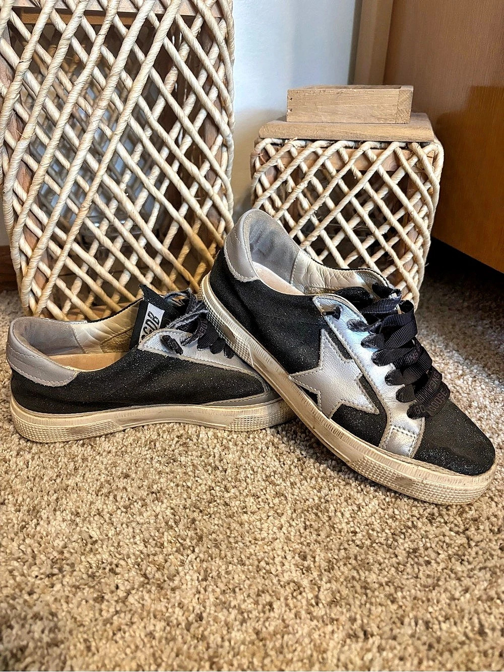Golden Goose Super-Star Sneakers Black Glitter with Silver Star & Silver Star